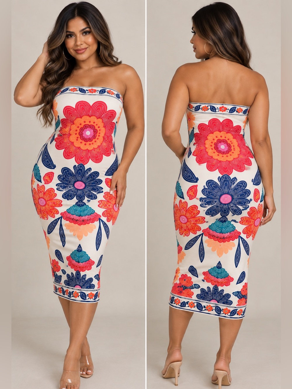 SHEIN Strapless Floral Midi Dress in White, Coral & Navy